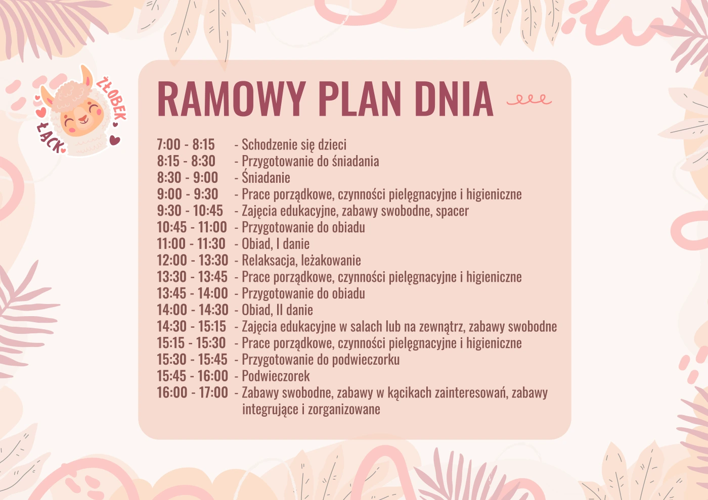 Ramowy plan dnia Żłobek Łąck